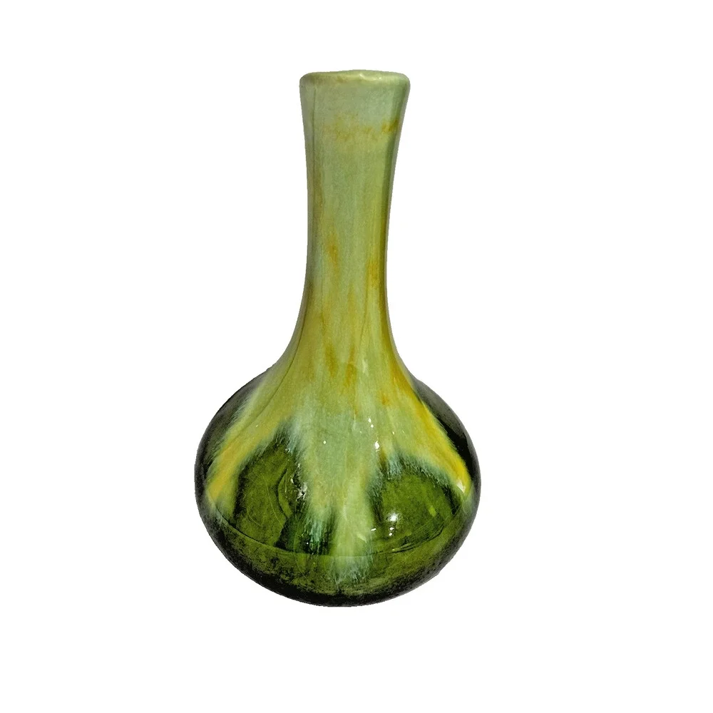 Vintage Haegar Pottery Vase Jug Ewer Handle Mid Century Green Agate Yellow Drip